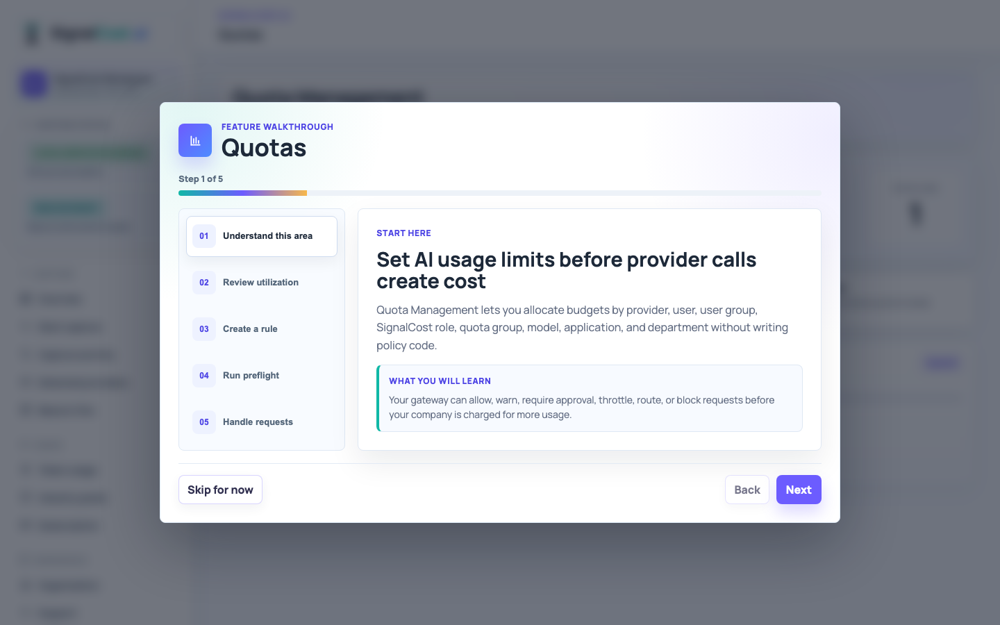 Quota governance screen