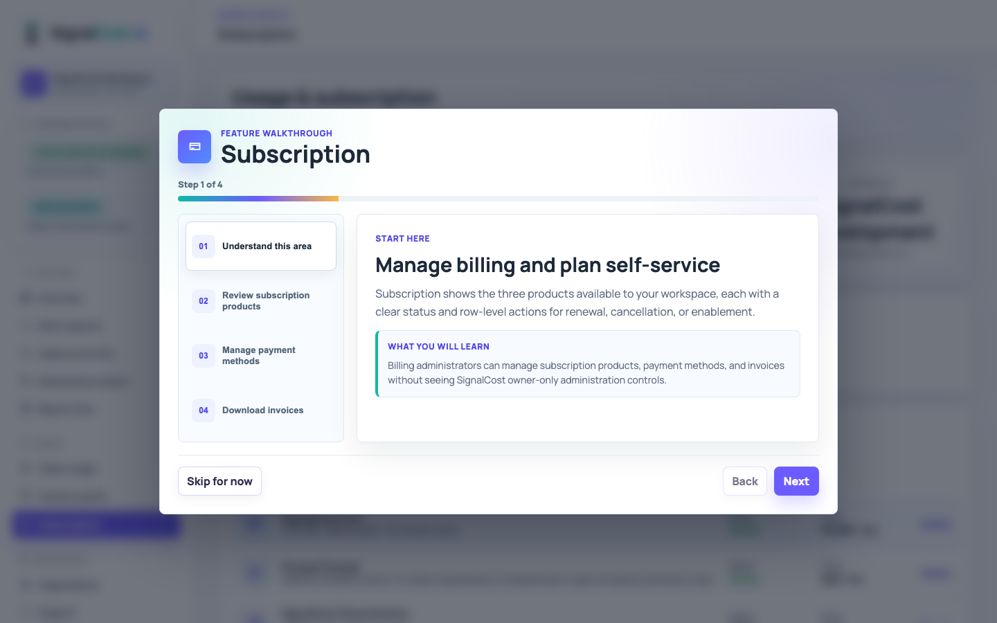 Subscriptions and payments screen